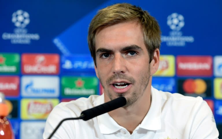 Bayern Munich's defender Philipp Lahm attends a press conference at the Vicente Calderon stadium in Madrid on September 27, 2016 on the eve of their UEFA Champions league match against Atletico de Madrid