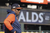 Houston Astros manager Dusty Baker Jr., watches players during the baseball team's workout Friday, Oct. 14, 2022, in Seattle for Saturday's Game 3 of an AL Division Series against the Seattle Mariners. (AP Photo/Stephen Brashear)