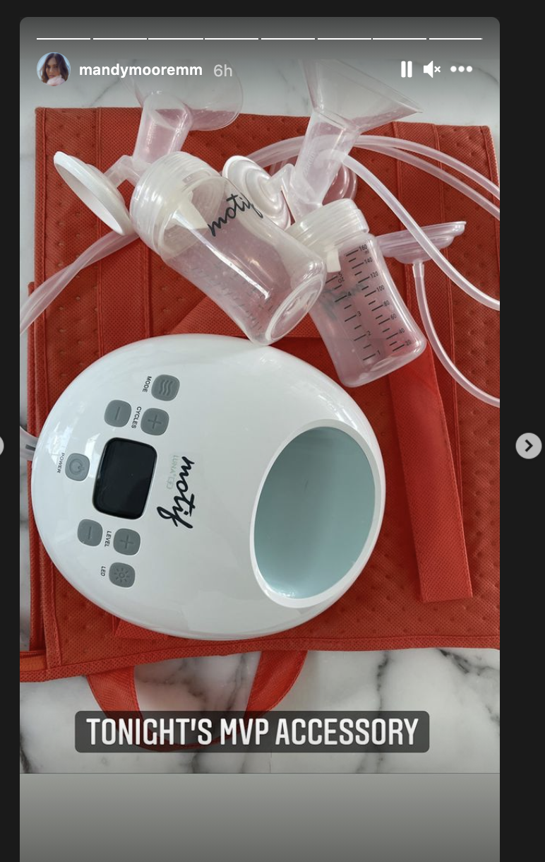 Moore shared a photo of her main accessory for the 2021 Emmys: a breast pump. (Mandy Moore / Instagram)