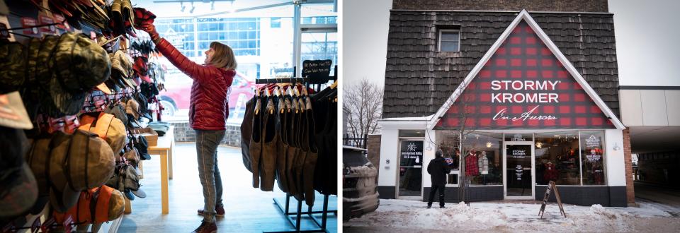 LEFT: Mary Beth Alexander, 66, of Upson, Wis. looks at a Stormy Kromer hat at the Stormy Kromer on Aurora, an authorized retailer of the brand, in Ironwood on Thursday, Jan. 4, 2024. "My whole family loves these hats," said Alexander. RIGHT: Stormy Kromer on Aurora in downtown Ironwood, pictured on Thursday, Jan. 4, 2024, is an authorized dealer of Stormy Kromer and gives folks a shopping option for the iconic brand of hat and clothing made by the nearby Jacquart Fabric Products, home of Stormy Kromer, manufacturing facility.