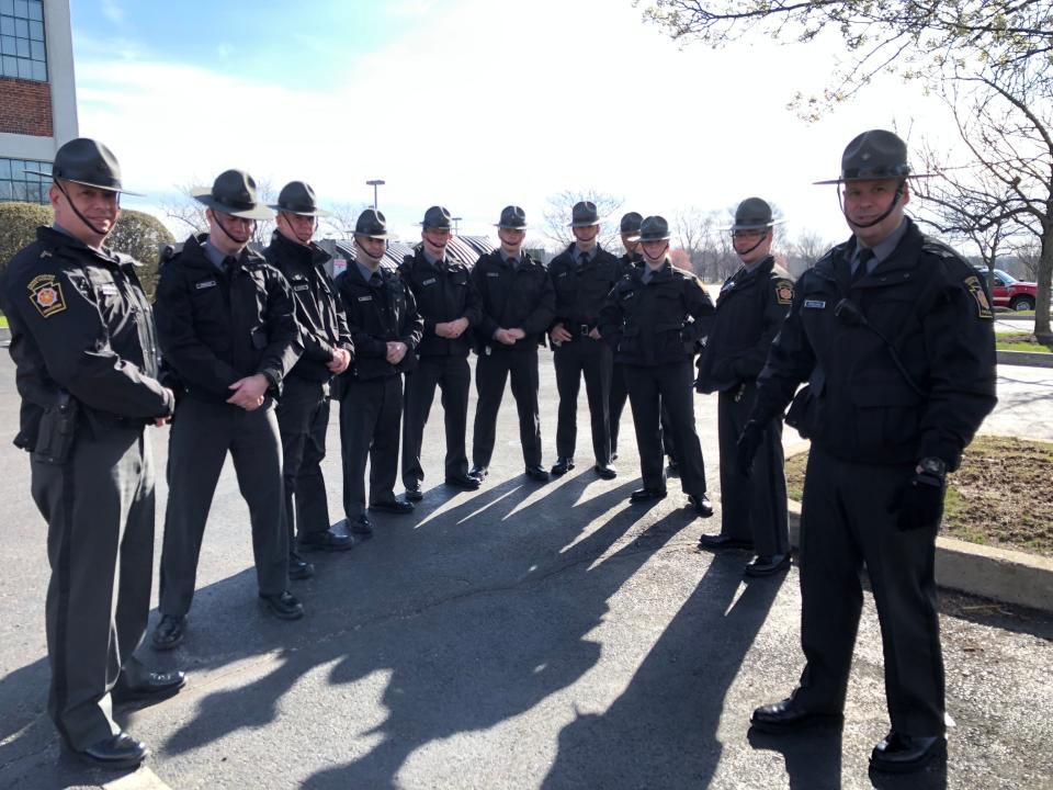 Hundreds of Pennsylvania State Troopers, including these from the Trevose Barracks, and other law enforcement members gather Wednesday, March 30,. 2022 for the viewing of fallen state trooper Martin F. Mack II, 33, of Bristol. Mack and fellow state Trooper Branden T. Sisca were killed while escorting an Allentown man, who was also killed, across I-95 in South Philadelphia on March 21, 2022