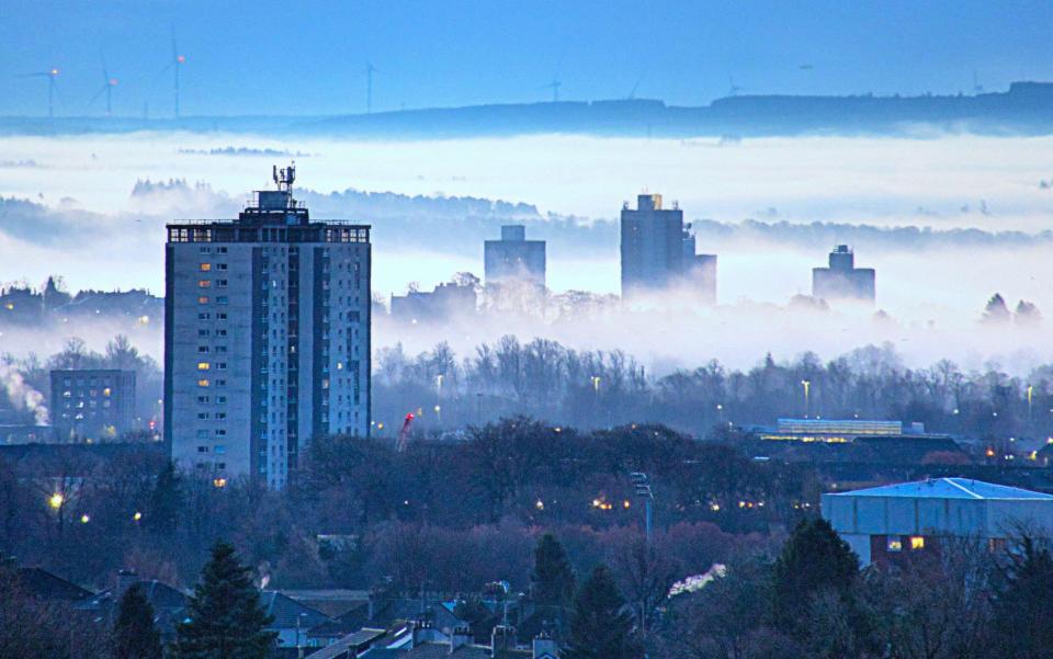 Freezing overnight temperatures brought a cold ground mist over Glasgow early on Monday morning