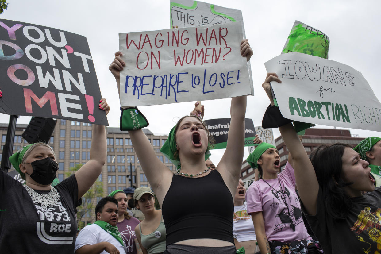 Abortion-rights activists march to the White House to denounce the U.S. Supreme Court decision to end federal abortion rights protections. (Photo by Probal Rashid/LightRocket via Getty Images)