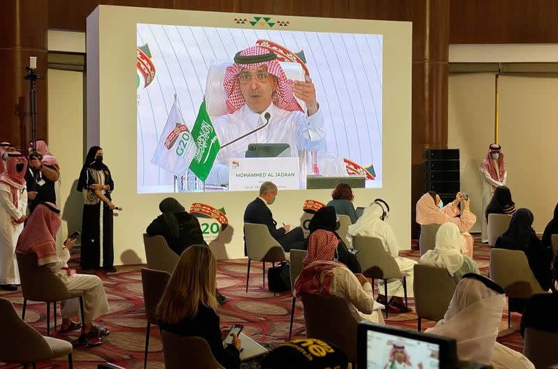 Saudi Arabia's Minister of Finance, Mohammed al-Jadaan speaks during virtual news conference aired live at the media centre of the 15th annual G20 Leaders' Summit in Riyadh