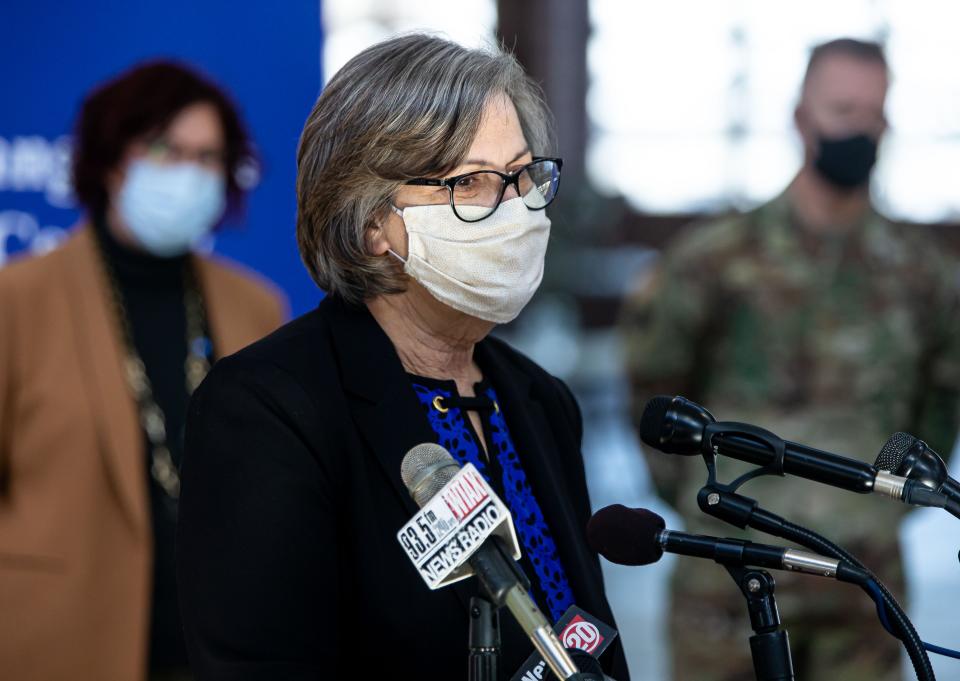 Gail O'Neill, director of the Sangamon County Public Health Department, answers questions during a press conference at the new COVID-19 state-supported mass vaccination site in the Orr Building at the Illinois State Fairgrounds in Springfield, Ill., Thursday, February 18, 2021. [Justin L. Fowler/The State Journal-Register]