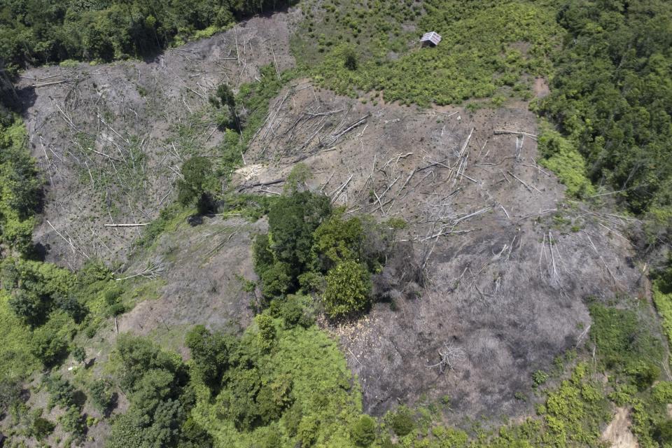 A deforested hill is visible near an area affected by a flash flood in Pesisir Selatan, West Sumatra, Indonesia, Thursday, March 14, 2024. In Indonesia, environmental groups continue to point to deforestation and environmental degradation worsening the effects of natural disasters such as floods, landslides, drought and forest fires. (AP Photo/Sutan Malik Kayo)