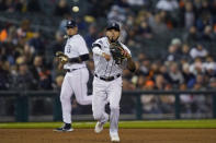 Detroit Tigers third baseman Jeimer Candelario throws out Minnesota Twins' Ryan Jeffers during the fifth inning of a baseball game, Friday, Sept. 30, 2022, in Detroit. (AP Photo/Carlos Osorio)