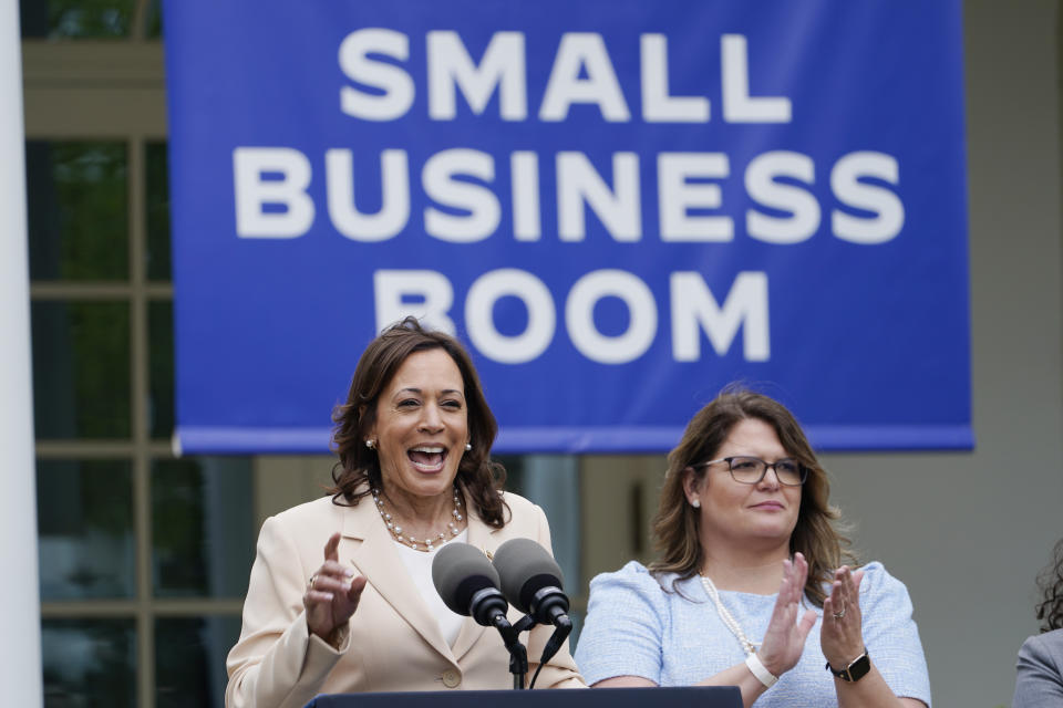 Vice President Kamala Harris speaks, along side Jill Scarbo, who won National Small Business of the Year in 2022 and is the CEO of Bright Futures Learning Services (BFLS), a provider of Applied Behavior Analysis (ABA) therapy services for children, in the Rose Garden of the White House in Washington, Monday, May 1, 2023, during an event about National Small Business Week. (AP Photo/Susan Walsh)