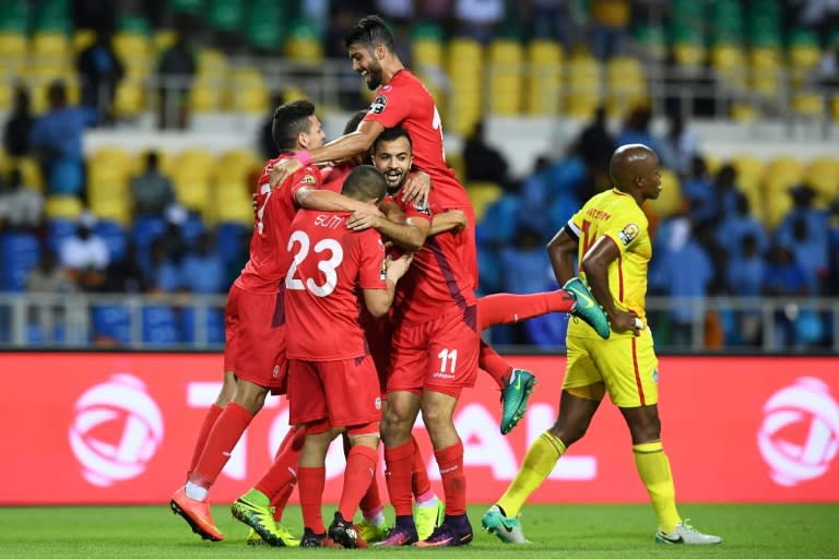 Tunisia's players celebrate a goal during the 2017 Africa Cup of Nations group A football match against Zimbabwe in Libreville on January 23, 2017