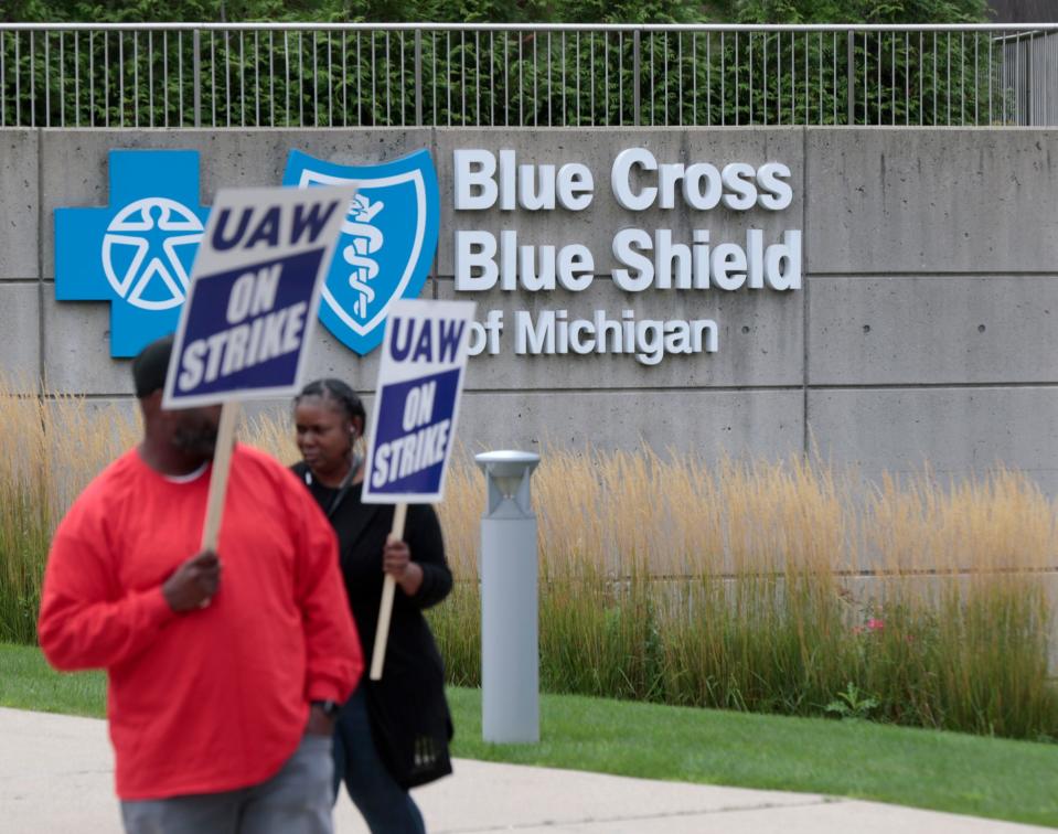 Employees for Blue Cross Blue Shield of Michigan strike in front of their two office towers at the Renaissance Center in downtown Detroit on Wednesday, Sept. 13, 2023. Over 1,000 workers in Detroit’s Region 1 and Region 1D in Grand Rapids and Lansing walked out this morning after their contract expired on August 31st and after the extensions, they had approved ran out on the morning of September 13th.