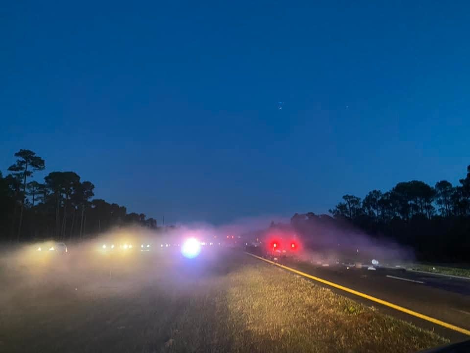 A chemical cloud formed across the east and west lanes of U.S. Highway 98 Thursday night after a pickup truck carrying four gallons of muriatic acid was involved in a multi-vehicle crash. First responders worked to clear the scene for around four hours.