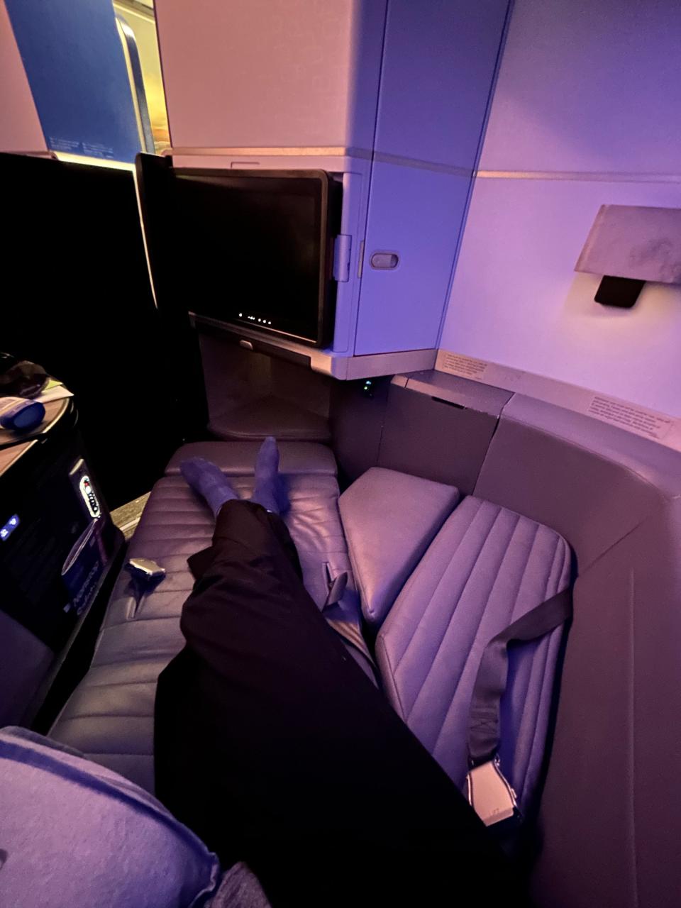 The lie-flat seat reclined in JetBlue's business class.