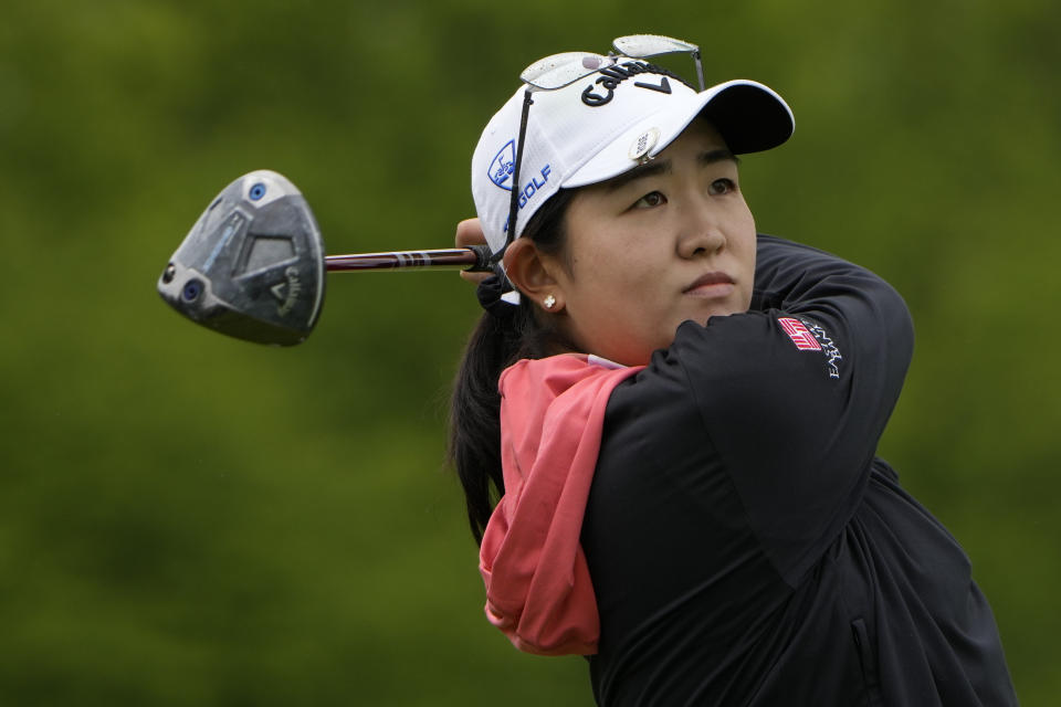 Rose Zhang hits off the third tee during the final round of the LPGA Cognizant Founders Cup golf tournament, Sunday, May 12, 2024, in Clifton, N.J. (AP Photo/Seth Wenig)