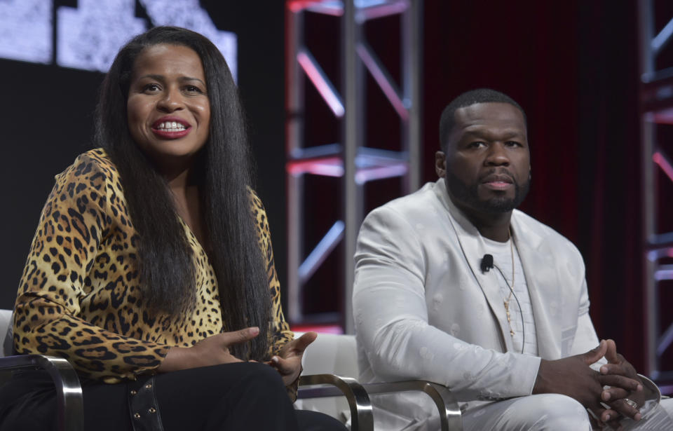 Creator/executive producer Courtney A. Kemp, left, and Curtis "50 Cent" Jackson participate in the Starz "Power" panel at the Television Critics Association Summer Press Tour on Friday, July 26, 2019, in Beverly Hills, Calif. (Photo by Richard Shotwell/Invision/AP)