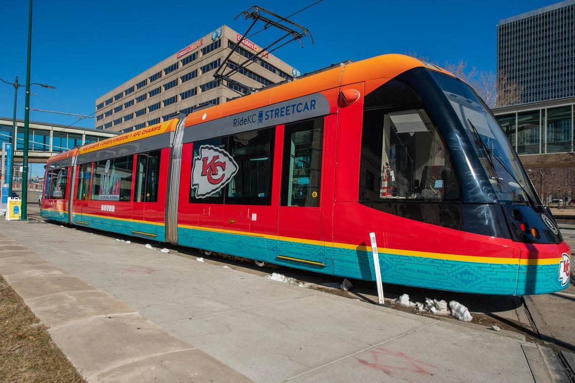 The KC Streetcar is seen wrapped for Super Bowl LVII on Friday, Feb. 10, 2023, in Kansas City.
