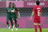 Zambia's Babra Banda (11) celebrates after scoring a goal against China during a women's soccer match at the 2020 Summer Olympics, Saturday, July 24, 2021, in Miyagi, Japan. (AP Photo/Andre Penner)