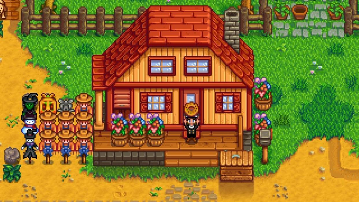  Stardew Valley - a farmer holds a modded "everything bagel" over their head. 