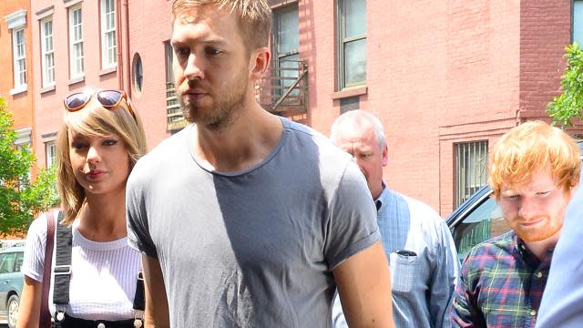 Taylor Swift is making room for all the men in her life! The 25-year-old "Bad Blood" singer continued her string of dates with her handsome beau, Calvin Harris, on Thursday in New York City, but this time brought along a special guest -- her close pal Ed Sheeran. Taylor and Calvin held hands as usual, while a plaid shirt-wearing Ed walked behind them. GC Images <strong>WATCH: Ed Sheeran Says He Won't Be Satisfied Until He's as Successful as Taylor Swift</strong> The three music superstars have hung out before, getting goofy together at the Billboard Music Awards earlier this month alongside One Direction's Niall Horan and Louis Tomlinson. After their lunch date, however, the couple was spotted heading back into Taylor's apartment alone, where they also spent Tuesday night together. The always fashionable singer managed to make her black skinny overalls sexy, showing off her slim stomach in a tight-fitting white crop top. Splash News … Seriously, can this couple get any hotter?! <strong>PHOTOS: All of Taylor Swift's Hot Boyfriends, Past and Present</strong> Check out the video below for more on Taylor's sleepover date with the 31-year-old DJ/producer earlier this week.