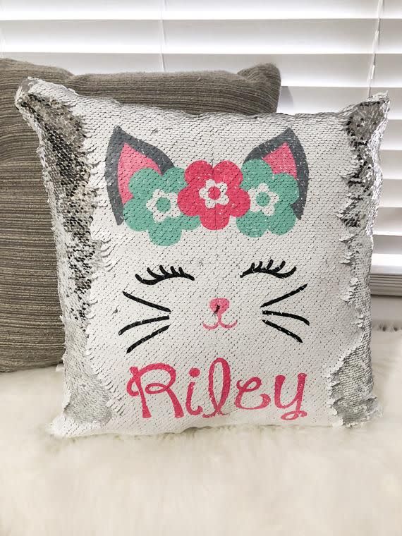 29) Cat Face Sequin Pillow