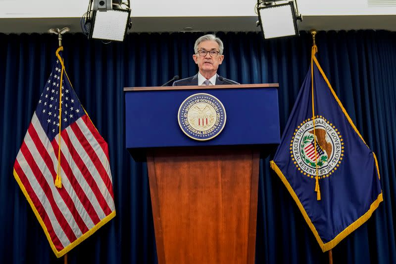 FILE PHOTO: Federal Reserve Chair Jerome Powell holds news conference following the Federal Open Market Committee meeting in Washington