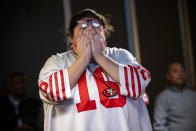 A San Francisco 49ers fan reacts during a Super Bowl LIV watch party after the Kansas City Chiefs defeat the San Francisco 49ers, at SPIN San Francisco on February 2, 2020 in San Francisco, California. The San Francisco 49ers faced the Kansas City Chiefs in Super Bowl LIV for their seventh appearance at the NFL championship, leading the game into half time and losing after 21 unanswered points in the second half of the game. (Photo by Philip Pacheco/Getty Images)