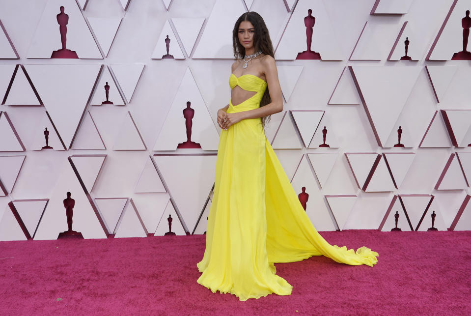 Zendaya arrives at the Oscars on Sunday, April 25, 2021, at Union Station in Los Angeles. (AP Photo/Chris Pizzello, Pool)