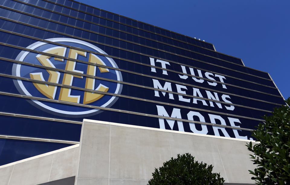 The SEC logo is shown outside of the Hyatt Regency hotel for the NCAA college football Southeastern Conference’s annual media gathering, Monday, July 10, 2017, in Hoover, Ala. (AP Photo/Butch Dill)