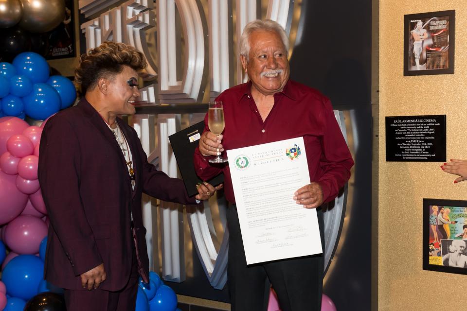 The Alamo Drafthouse Big Show theater was dedicated to El Paso and Juárez native Saul “Cassandro” Armendariz before an advanced screening of “Cassandro,” a biopic on his life and career for his friends and family at the Alamo Drafthouse in East El Paso on Tuesday, Sept. 12, 2023.