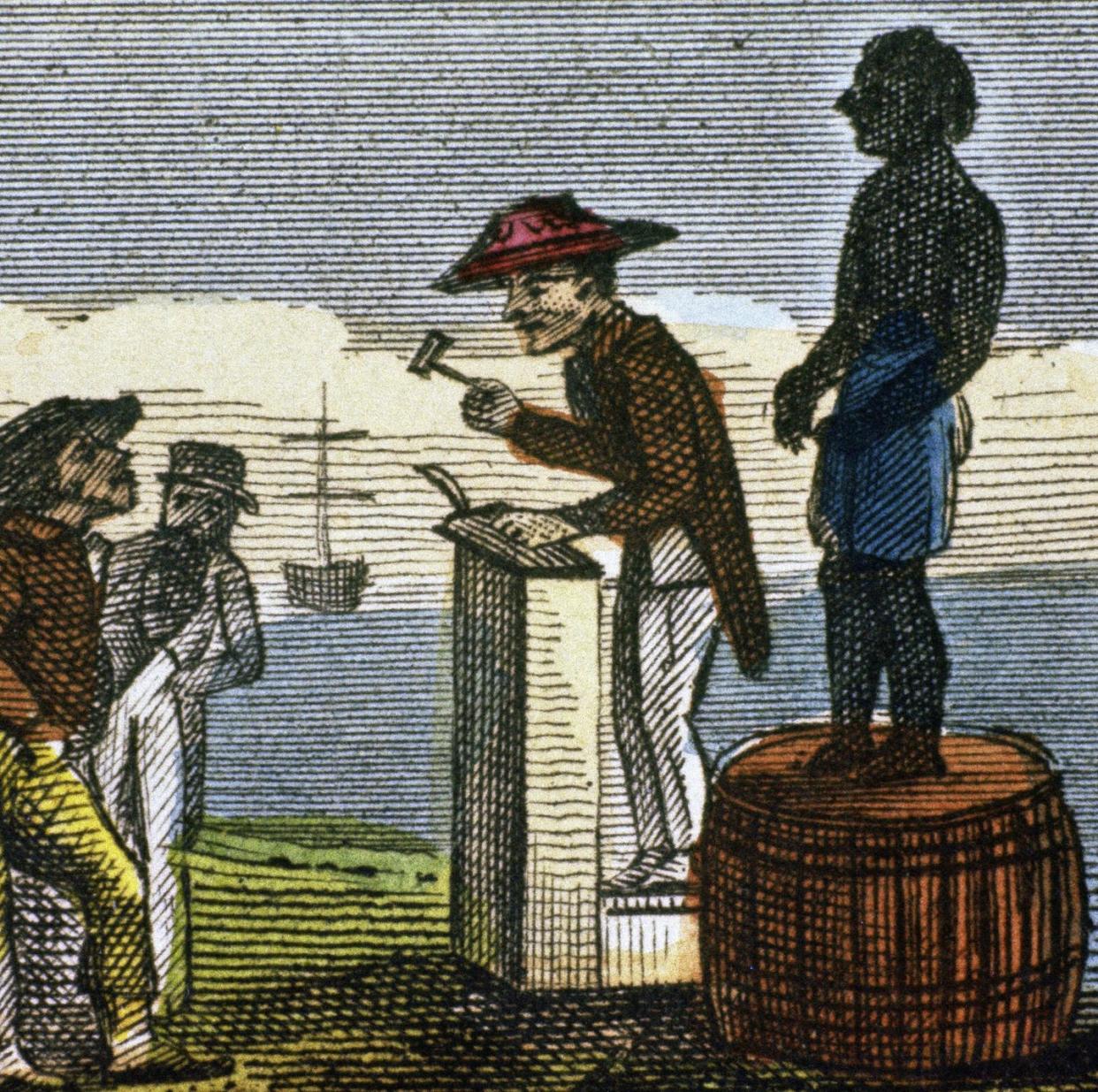 A depiction of an auction where an enslaved person is sold. <a href="https://www.gettyimages.com/detail/photo/rendering-depicting-slave-auction-royalty-free-image/92846577?phrase=%20slave%20auction&adppopup=true" rel="nofollow noopener" target="_blank" data-ylk="slk:Getty Images;elm:context_link;itc:0;sec:content-canvas" class="link ">Getty Images</a>