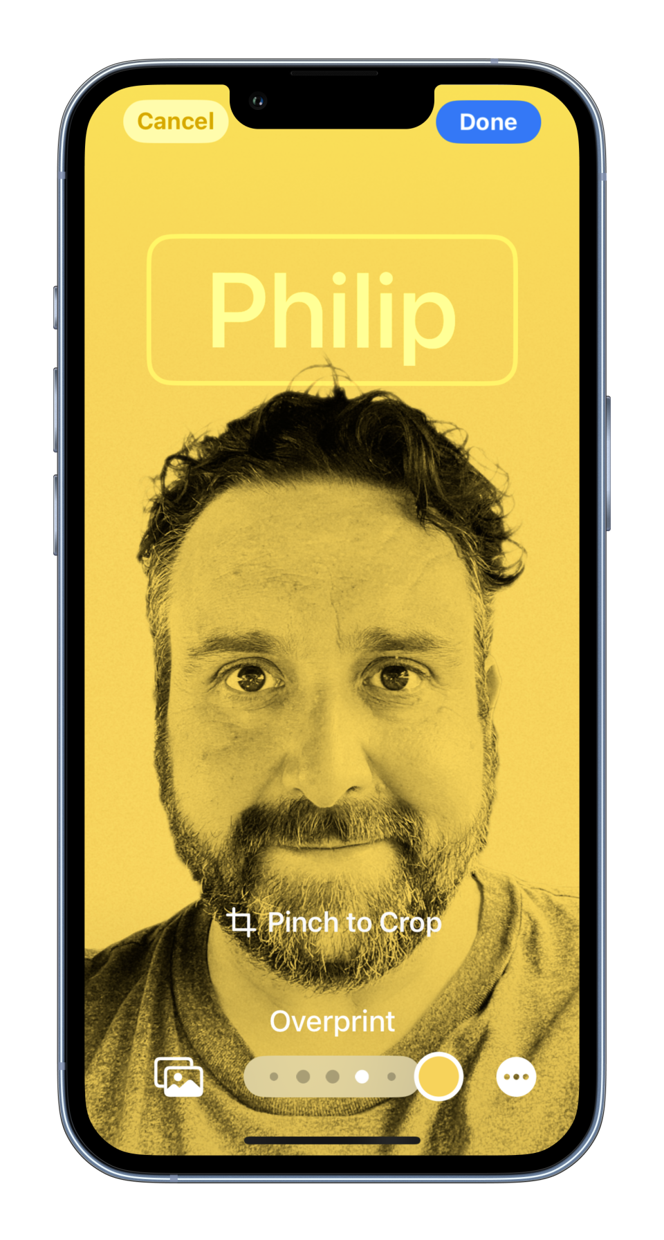MockUPhone screenshots of the contact poster on iOS 17 showing my face with name and different color and filter options