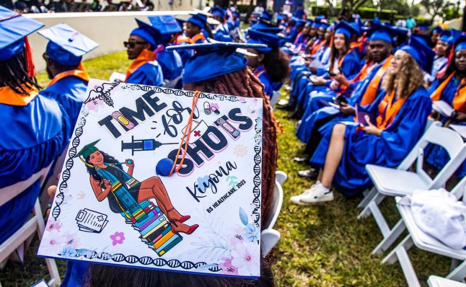 Messages seen on grad students’ mortarboard at the spring 2023 commencement ceremony at Florida Memorial University in Miami Gardens, on Saturday, May 6, 2022. Pedro Portal/pportal@miamiherald.com