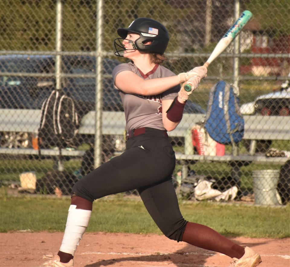 Oriskany's Megan Wright delivers a double in the second game of Tuesday's doubleheader against Remsen. Wright homered in both games of the Oriskany sweep and pitched five-inning no-hitter in the opener.