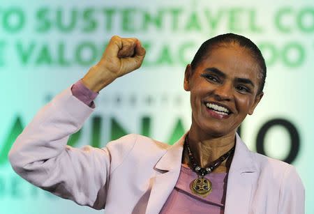 Brazilian Socialist Party (PSB) presidential candidate Marina Silva reacts after speaking during a campaign rally in Sao Paulo in this September 24, 2014 file photo. REUTERS/Paulo Whitaker/Files