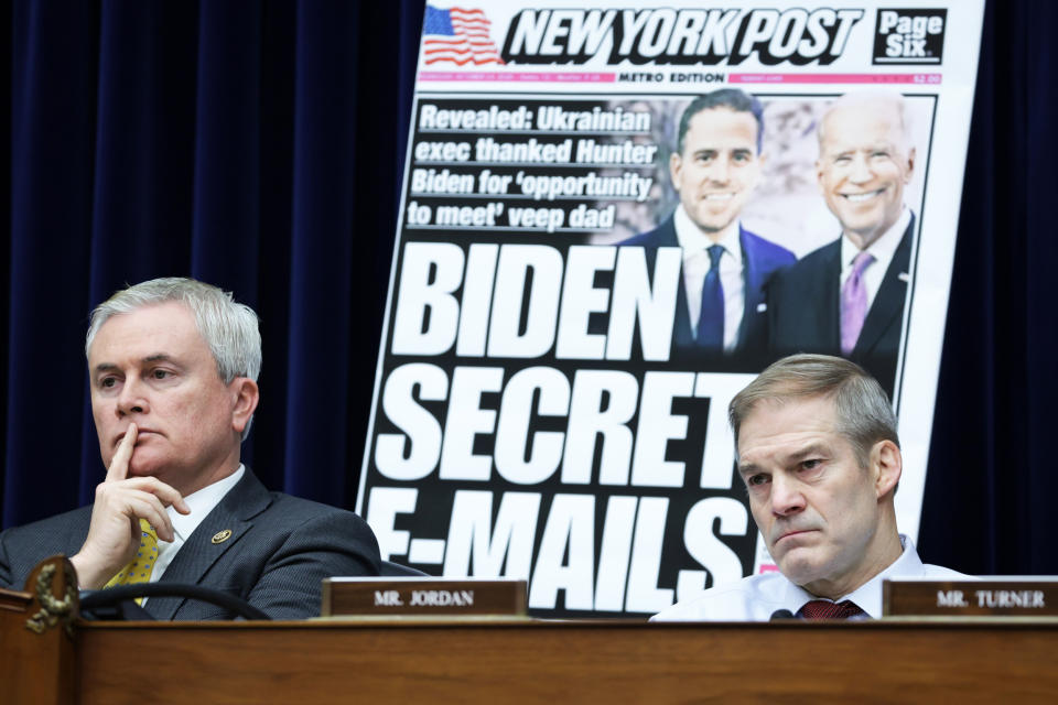 Rep. James Comer, left, and Rep. Jim Jordon listen during a House Oversight and Accountability Committee hearing (Alex Wong / Getty Images)