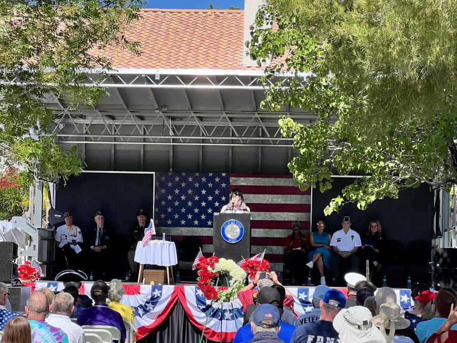 <em>Dozens gathered at a Memorial Day ceremony at The Lakes on May 26, 2024. (KLAS)</em>