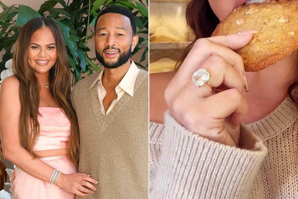 <p>Stefanie Keenan/Getty Images; Chrissy Teigen/Instagram</p> Chrissy Teigen debuted a new diamond on her ring finger after she and John Legend celebrated their 10-year wedding anniversary in Italy