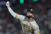 San Diego Padres' Pedro Avila pitches against the San Francisco Giants during the first inning of a baseball game in San Francisco, Friday, Oct. 1, 2021. (AP Photo/Jeff Chiu)