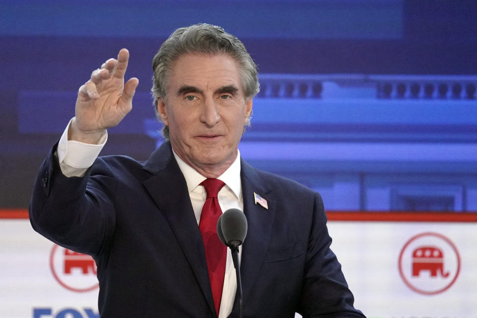 North Dakota Gov. Doug Burgum speaks during a Republican presidential primary debate hosted by FOX Business Network and Univision, Wednesday, Sept. 27, 2023, at the Ronald Reagan Presidential Library in Simi Valley, Calif. (AP Photo/Mark J. Terrill)