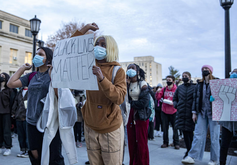 Image: Students show support at a protest against racial discrimination in Iowa public schools in Iowa City on Nov. 19, 2021. (Jerod Ringwald / The Daily Iowan)