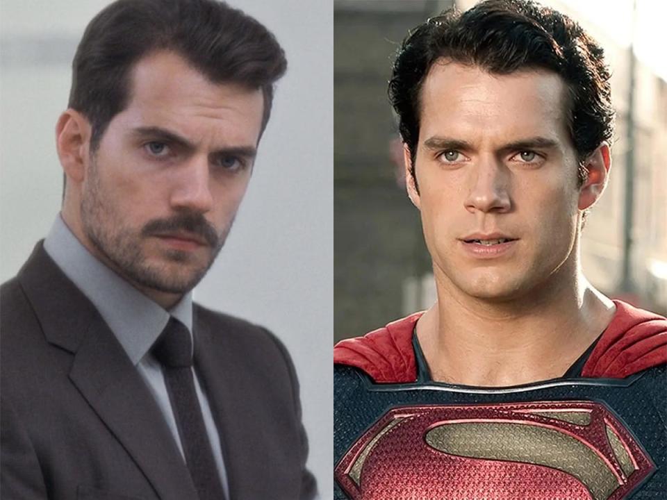 On the left: Henry Cavill in "Mission: Impossible — Fallout." On the right: Cavill in "Man of Steel."