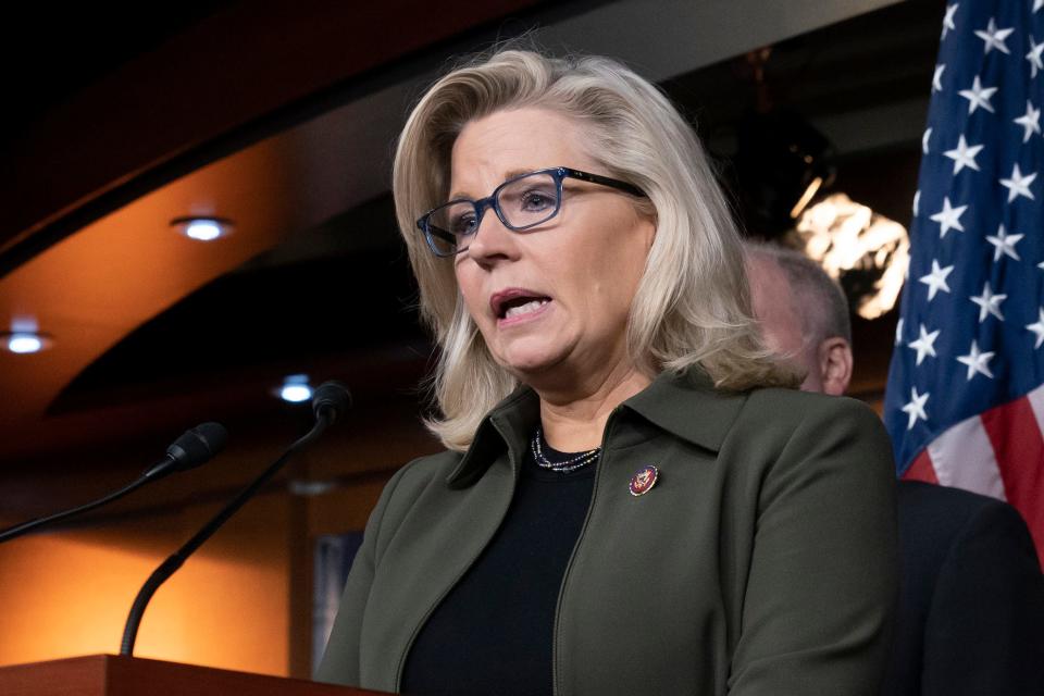 In this Dec. 17, 2019 file photo, Rep. Liz Cheney, R-Wyo., speaks with reporters at the Capitol in Washington.