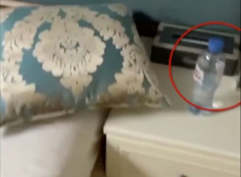 A water bottle is seen in a hotel room where Russian opposition politician Alexei Navalny stayed during his recent visit in the Siberian city of Tomsk