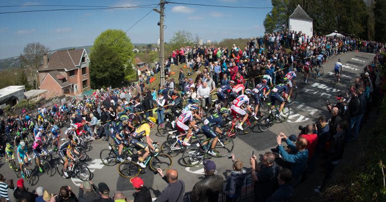 The pack of cyclists in action on the final climb 'Mur de Huy' during the 79th edition of the 'La Fleche Wallonne', a 205.5km one day cycling race from Waremme to Huy, Belgium on April 22, 2015