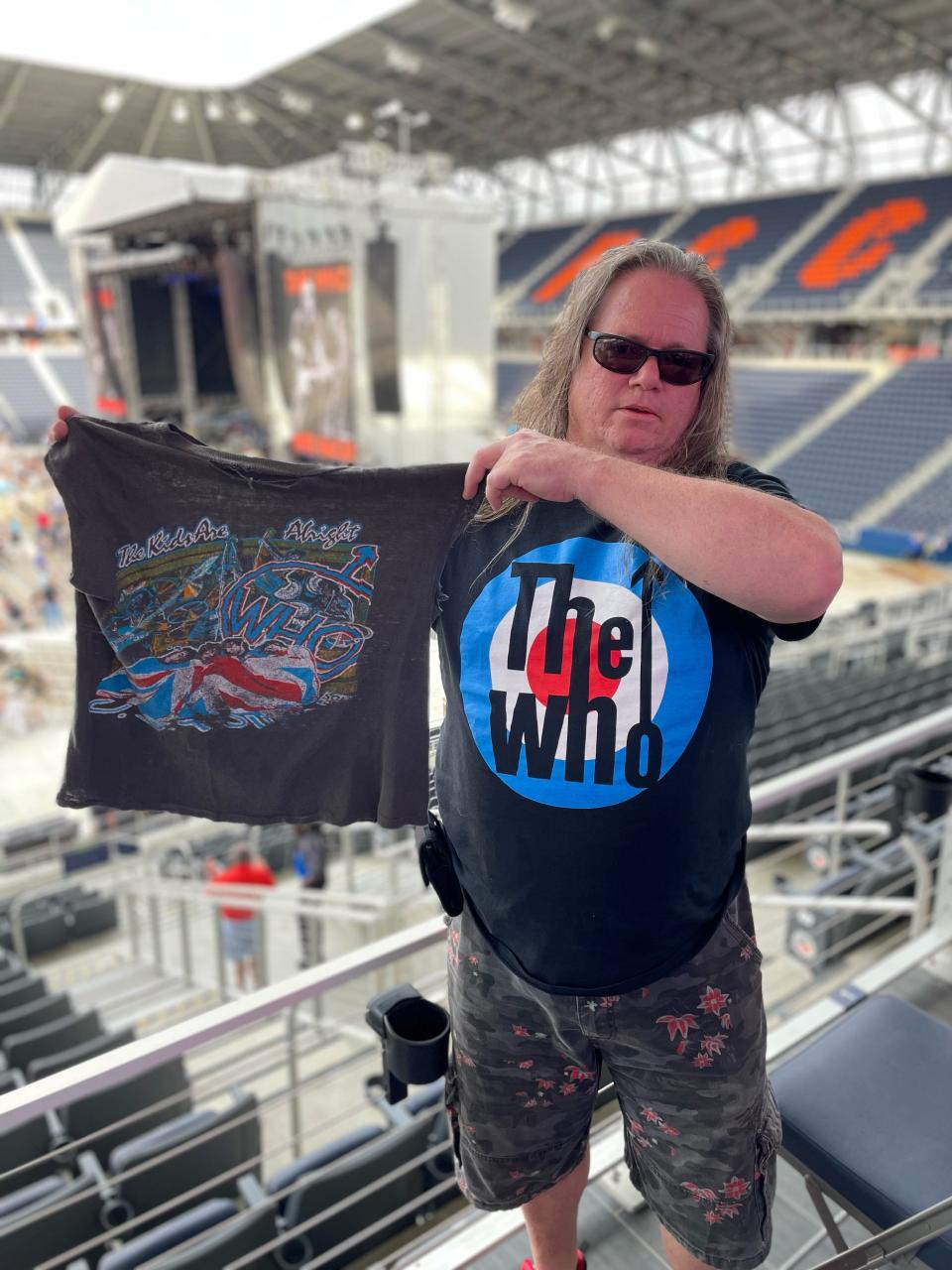 David Woloszyn of Oxford was at The Who concert in 1979. Tonight, he’s walking around TQL Stadium showing anyone and everyone what’s left of his concert T-shirt from that fateful night.