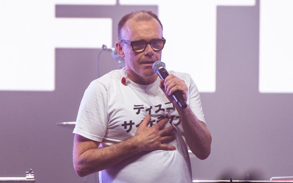 Neil Barnes of Leftfield, speaking onstage at London's O2 Forum Kentish Town, December 2023