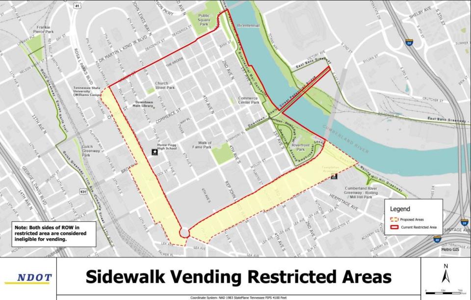The Metro Nashville Traffic and Parking Commission approved an expanded sidewalk vending restriction zone map on Monday, Jan. 8, 2024.