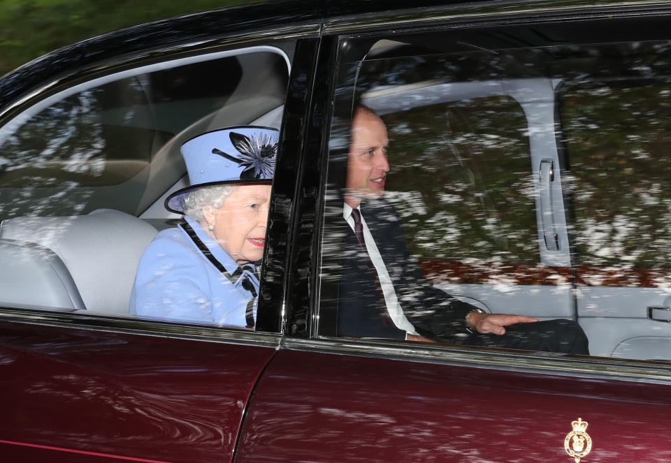 The Queen and Prince William arrive at Crathie Kirk after attending a Sunday morning service near Balmoral.