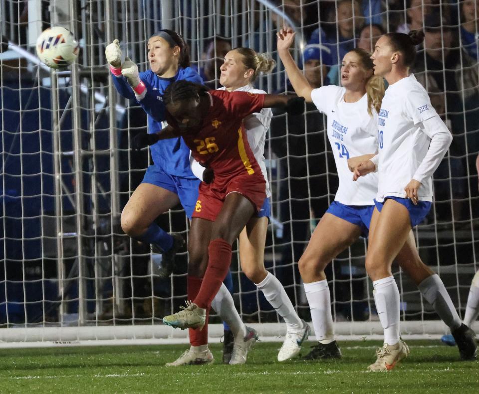 BYU goalkeeper Lynette Hernaez (00) makes a save against USC during the second round of the NCAA championship in Provo on Thursday, Nov. 16, 2023. BYU won 1-0. | Jeffrey D. Allred, Deseret News