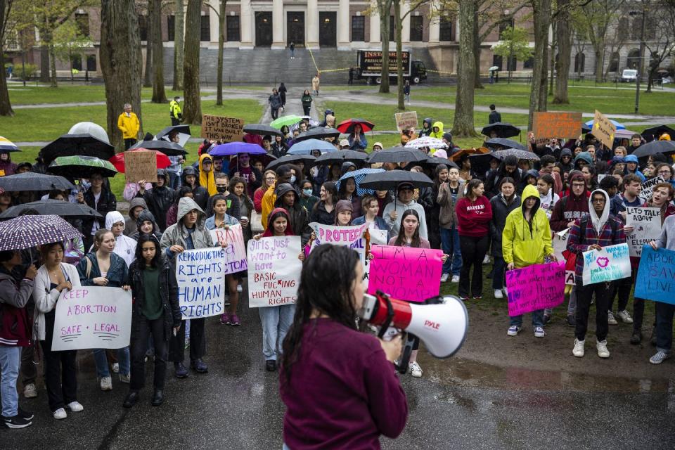 cambridge, ma may 4 ava pallotta, center, speaks to students at harvard university while they rallied on may 4, 2022 in harvard yard in cambridge, ma to defend abortion rights and protest against a leaked draft opinion of the us supreme court that would overturn roe v wade, the landmark 1973 case that legalized abortion nationwide they were met by counter protests, who argued that roe vs wade should be overturned photo by erin clarkthe boston globe via getty images