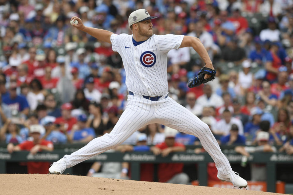 Chicago Cubs starter Jameson Taillon delivers a pitch during the first inning of a baseball game against the Philadelphia Phillies Thursday, July 4, 2024, in Chicago. (AP Photo/Paul Beaty)